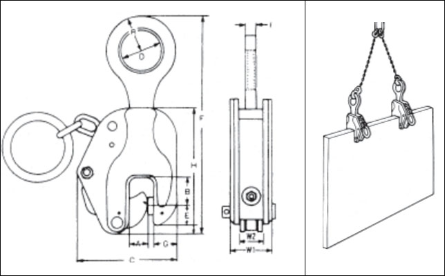 /E型鹰牌竖吊钢板夹钳尺寸及吊装案例图